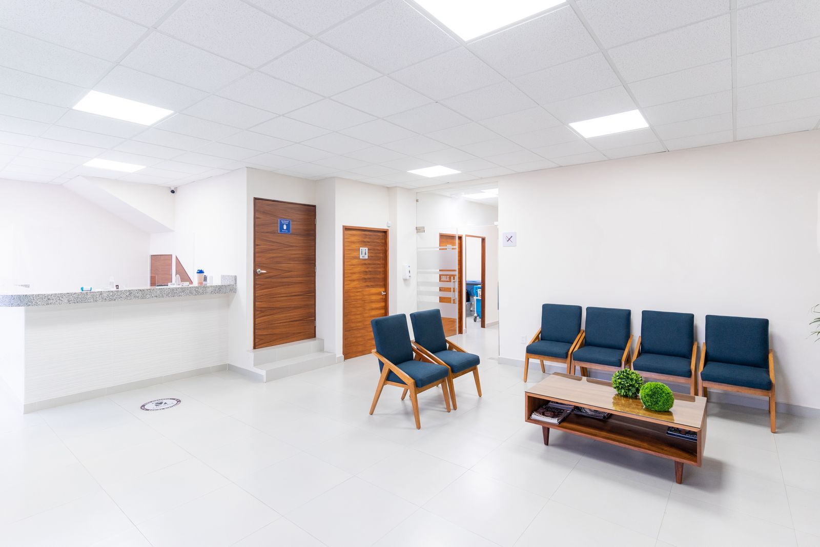 Sala de espera clara, com cadeiras azuis